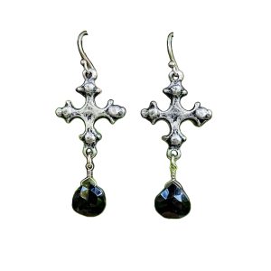 Pewter Cross and Black Onyx Dangle Earrings – Sterling Silver Ear Wires