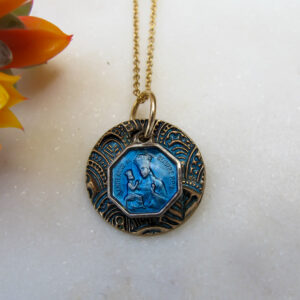Saint Anne De Beaupre Blue Enamel Antique Medal Necklace
