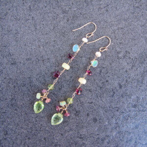 Flower Fields Cascading Earrings Garnet, Opal, and Carved Peridot