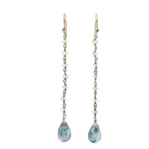 Teardrop Blue Kyanite on Aquamarine Stone Drop Earrings with Gold Filled Framework